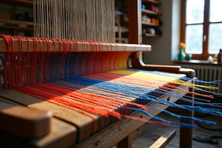 Ancien métier à tisser traditionnel lyonnais avec des fils colorés