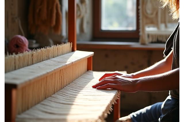 Artisan travaillant sur un métier à tisser dans un atelier lumineux à Lyon, mettant en avant le savoir-faire artisanal de Fibre Douce