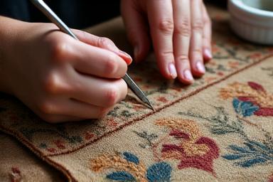 Main d'expert restaurant un textile ancien délicat