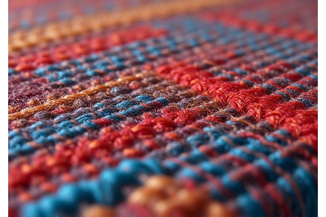 Gros plan sur des fils colorés et texturés tissés sur un métier, détail artisanal