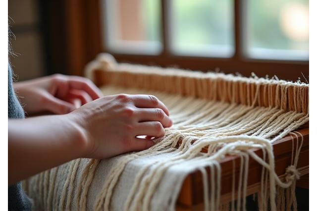 Mains d'artisan tissant sur un métier à tisser en bois, fibres naturelles