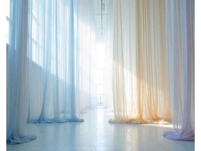 Installation artistique aérienne avec des tissus de soie diaphanes