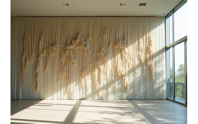 Image d'une grande installation artistique murale composée de fibres textiles tissées et drapées, créant des formes organiques et des jeux de lumière. Couleurs douces et naturelles.