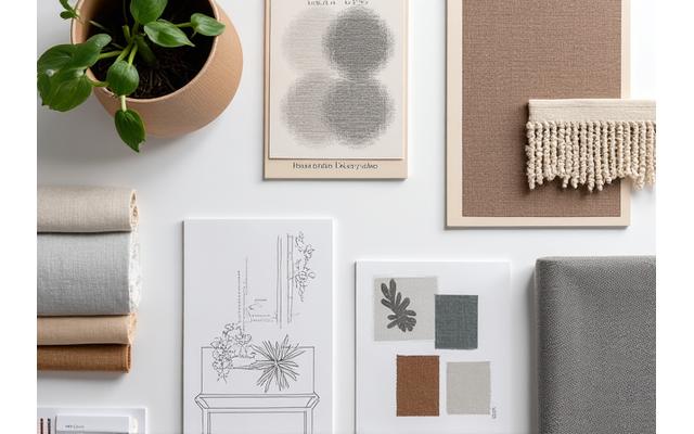 Illustration d'un moodboard de design d'intérieur avec des échantillons de tissus, des croquis et des palettes de couleurs inspirées des textures naturelles.