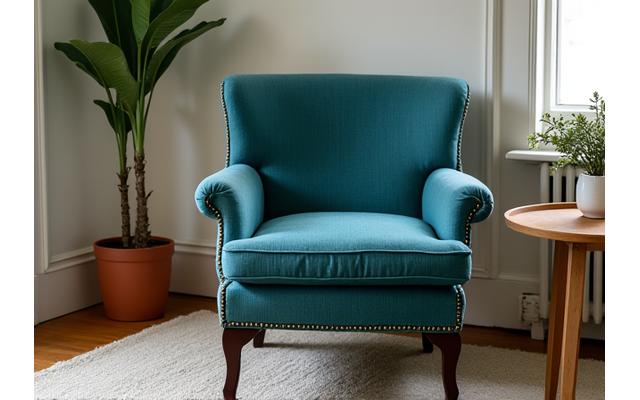 Image d'un fauteuil ancien métamorphosé avec un nouveau tissu d'ameublement moderne et texturé, prêt à être livré.
