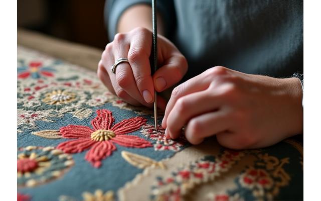 Mains d'artisan travaillant délicatement sur la restauration d'une ancienne tapisserie, avec des outils spécialisés et des fils colorés.
